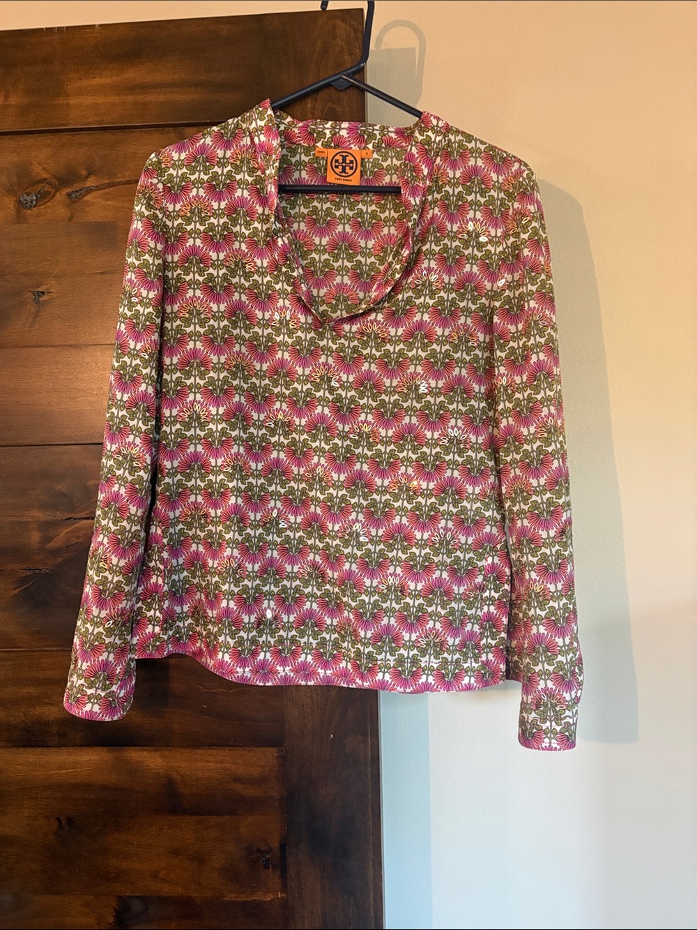 Tory Burch Pink & Green Floral Long-Sleeve Cowl Neck Top